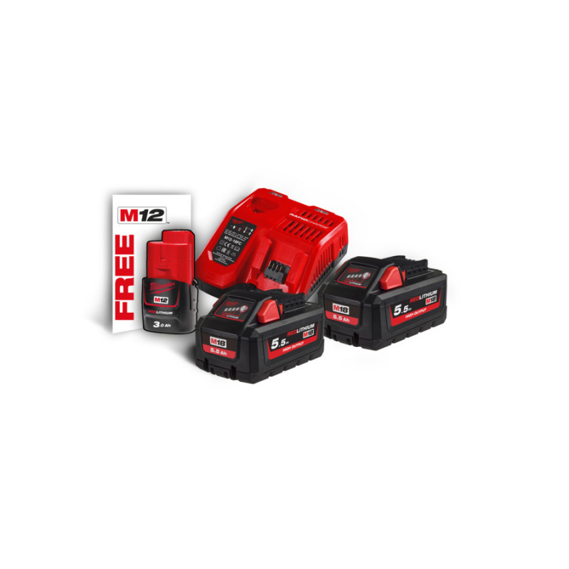 MILWAUKEE® 18 V 2x5,5 Ah/ 12V 1x3,0 Ah un lādētāja komplekts  M18 HNRG-552