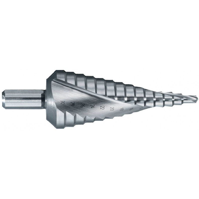 Tivoly HSS Step Drill Ø4-12 mm. Step 1 mm. Helicoidal flute. Bright, uncoated (blister)