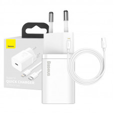 Baseus Lādētājs Super Si 1C USB-C 20W QC3.0 PD, ar USB-C-IP Lightning kabeli, Balts