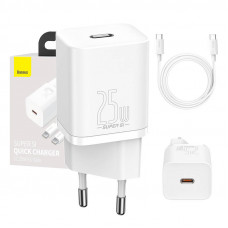 Baseus Sienas ātrās uzlādes lādētājs Super Si 25W USB-C QC3.0 PD ar USB-C 1m kabeli, balts