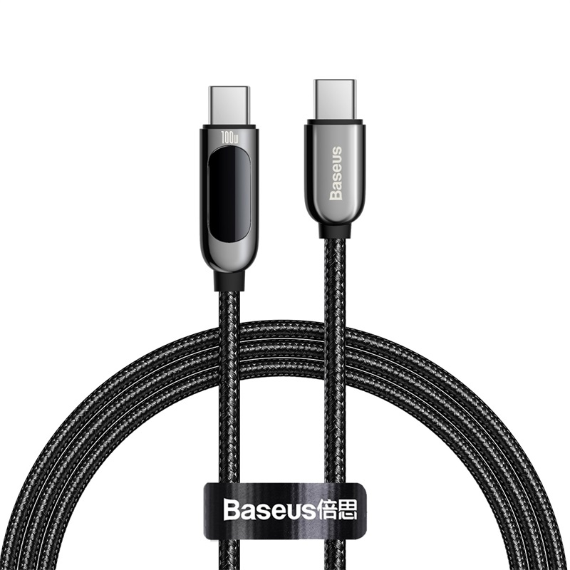 Baseus USB C kabelis - USB C kontaktdakšas 100W (20V/5A) 1.0m ar jaudas displeju, melns BASEUS