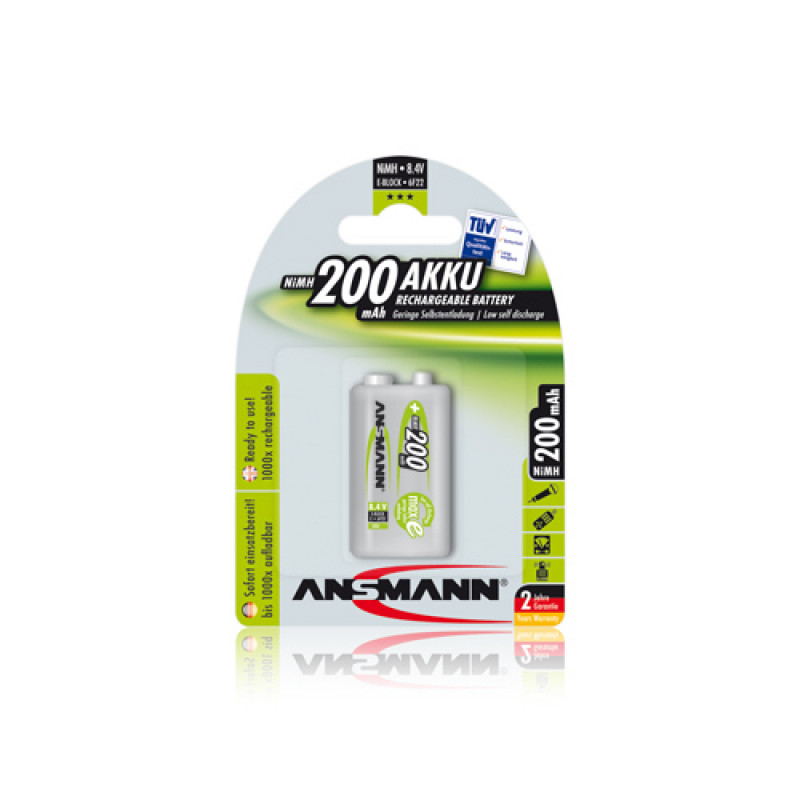 Ansmann Akumulators 6F22 (E-Block, R22, 6R61) 8.4V 200mAh Ni-Mh ANSMANN