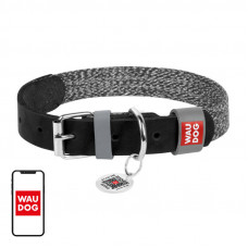 Waudog Dog collar made of natural leather and recycled material with QR code Waudog size L, width 25 mm, black