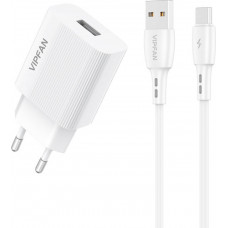 Vipfan Network charger VFAN E01, 1x USB, 2.4A + USB-C cable (white)