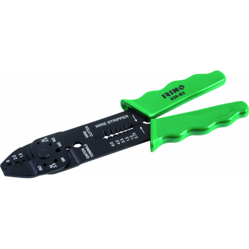 Irimo Crimping pliers 220mm for non insulated faston type terminals. Cutting M2.6-M5.0. Stripping 0.75-6.0 mm2. Irimo blister